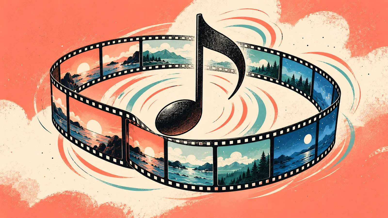 Ribbon of video frames curls into a matched loop around a musical note; coloured phrase segments return to the same initial frame.
