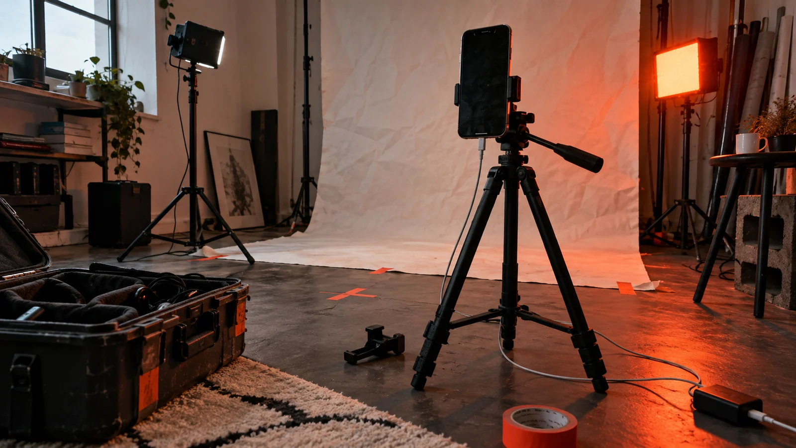 Short-form video setup between takes with a dark phone, tripod head, microphone, taped floor marks, cable and wrinkled backdrop.